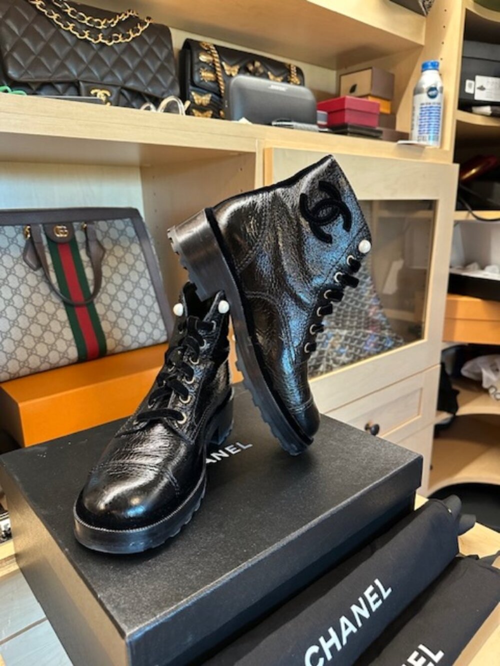 Chanel Calfskin Ankle Combat Boots Size 38
